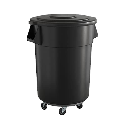 Krollen Industrial 55 Gallon Black Round Commercial Trash Can with Lid and Dolly